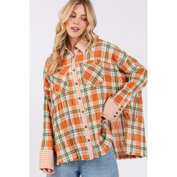 SAGE + FIG Side Slit Plaid Pattern Button Down Long Sleeves Shirt | Savanna - Picture 4 of 6